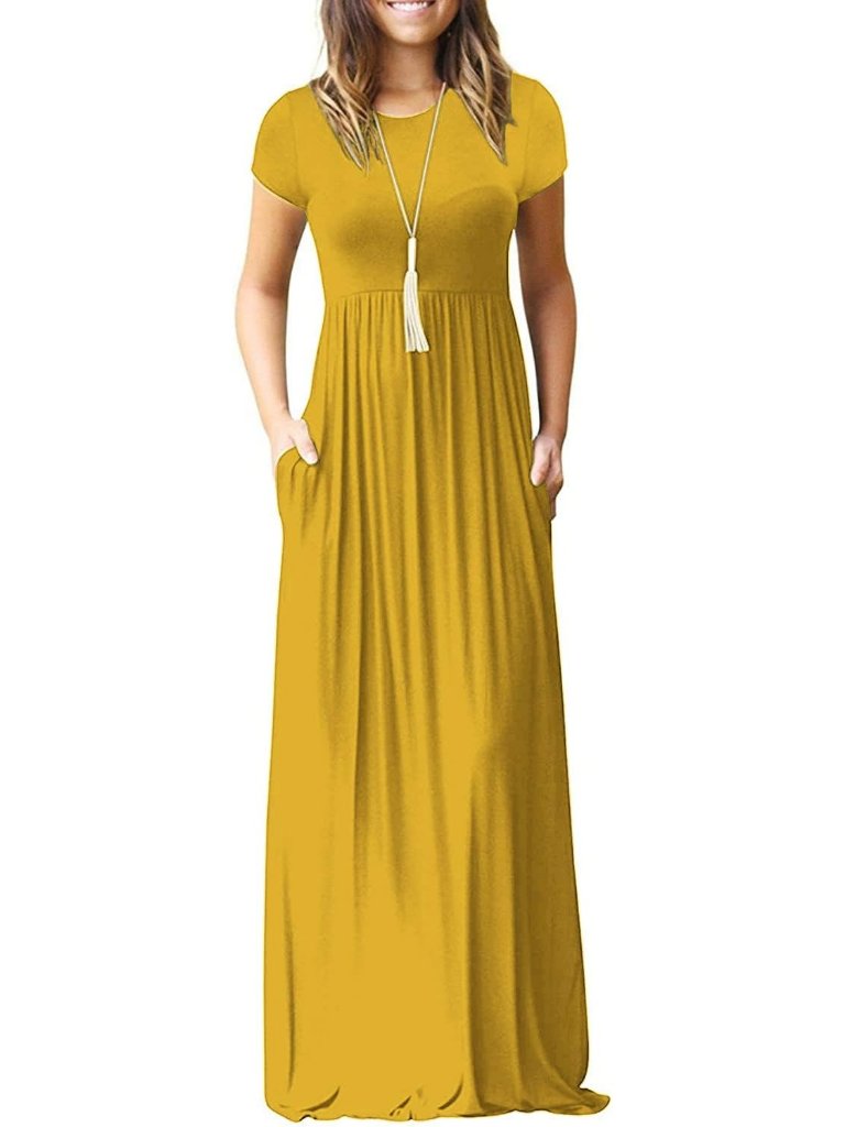 Women's Yellow Maxi Short Sleeve Loose Plain Comfy Long Dress W/Pocket